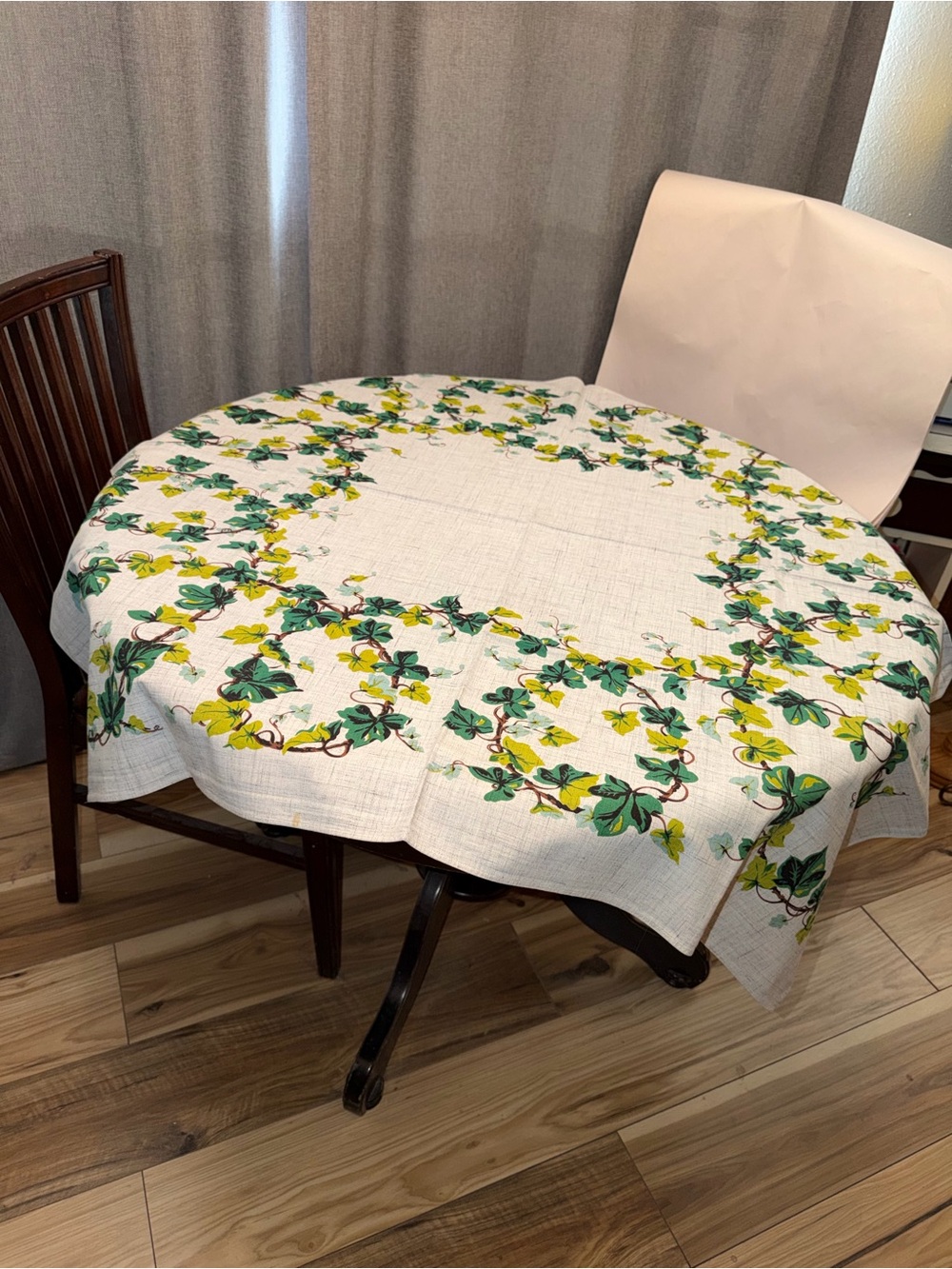 Vintage Barkcloth  Green & Yellow English Ivy Tablecloth - Unbranded